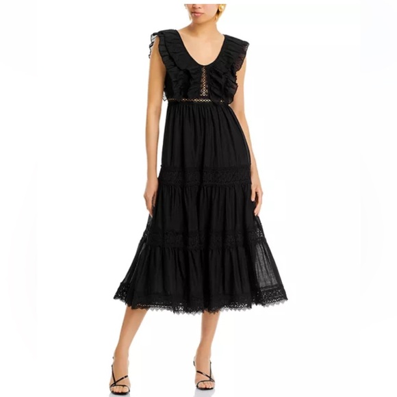 AQUA NWT Ruffled Back Cutout Lined Cotton Whimsigoth Black Midi Dress Size Small - Picture 2 of 11